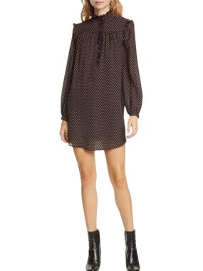 FRAME Party Heart Silk Long-Sleeve Black Heart Print Mini Dress SMALL